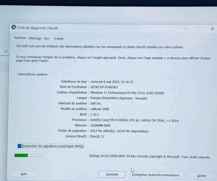 Modèle : DELL Latitude 5400 Core i5 turbo 4.1 GHz 8e gén, Face ID, SSD 512 Go